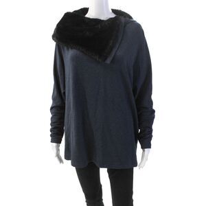 Capote Womens Dolman Sleeve Wide Faux Fur Collar Sweater Dark Blue Size M